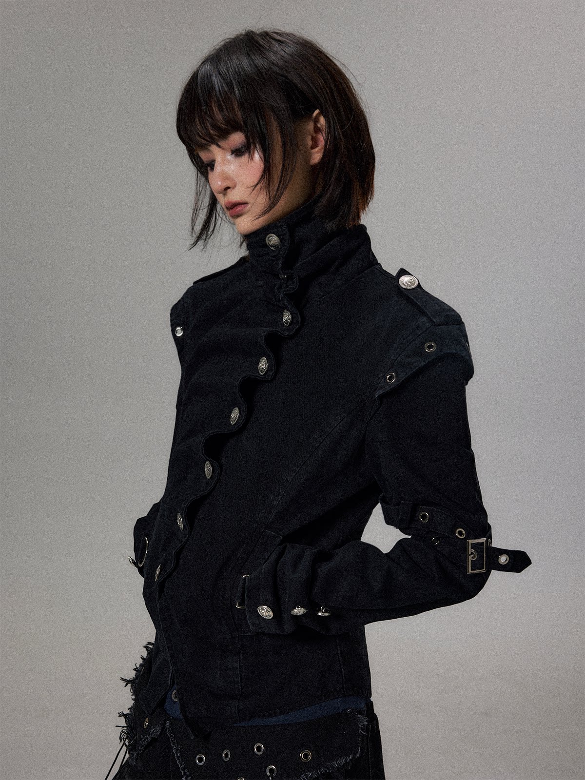 thumbnail for Lost Backyard Punk Court Knight Stand Collar 3D Pleated Jacket Women's Waist-Cinching Slim Cropped Top