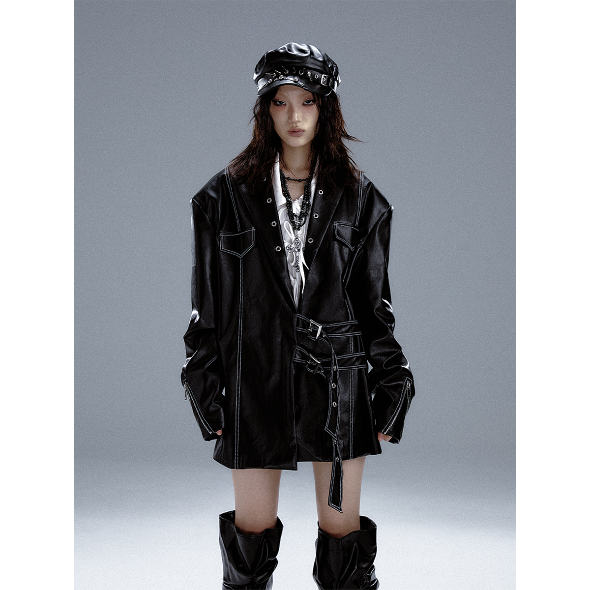 失落后花园暗黑朋克高级感重磅皮衣外套金属装饰酷飒宽松廓形西装