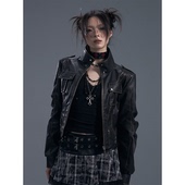 失落后花园复古朋克叛逆重工擦色做旧修身 廓形机车皮夹克外套 短款