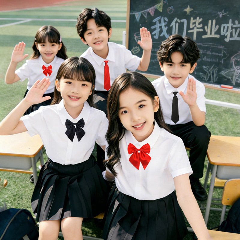 儿童白衬衫短袖黑裤男童六一表演服女童百褶裙小学生毕业照运动会