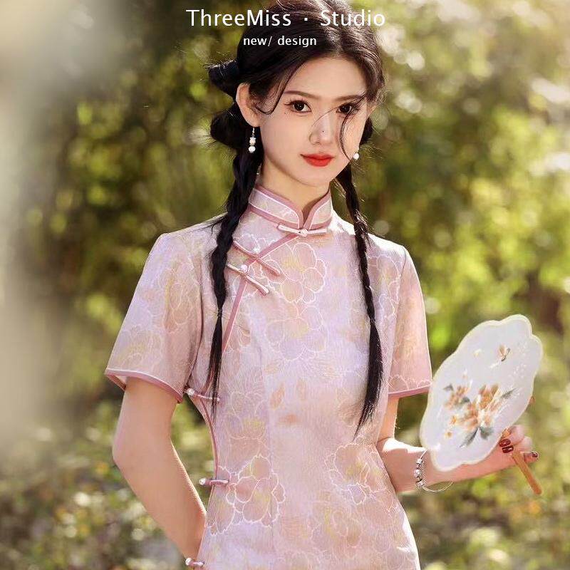 粉黛|清新淡雅旗袍少女工笔手绘复合苎麻高腰显瘦长款连衣裙日常