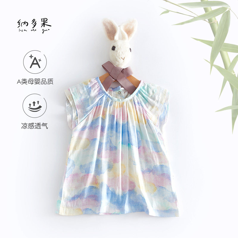 纳多果新款女宝宝蝴蝶短袖上衣竹纤维纱布可爱女童夏季家居空调服