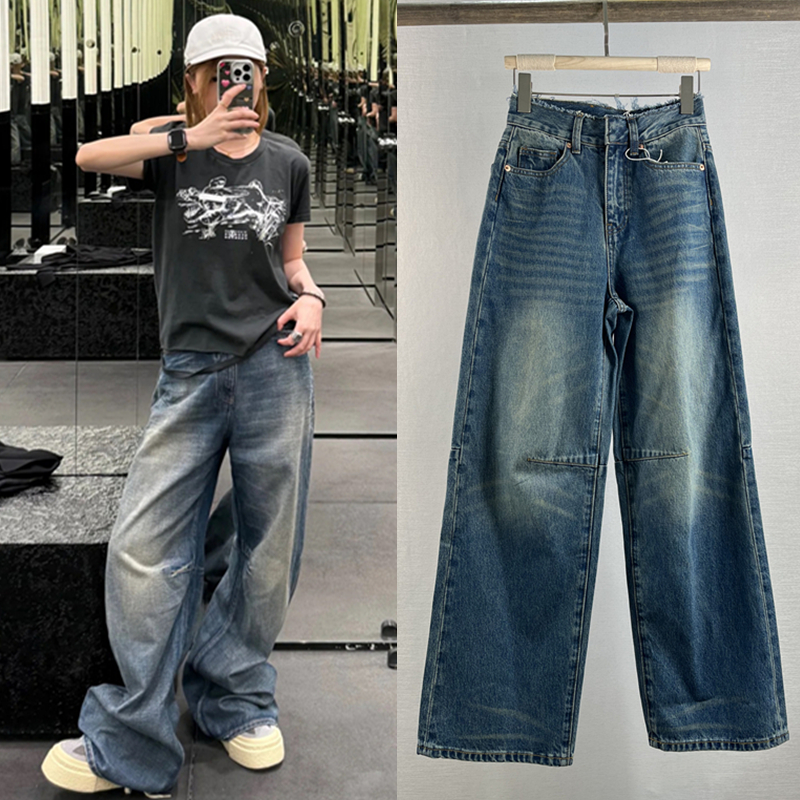 拼接宽松直筒韩系松弛感牛仔裤女