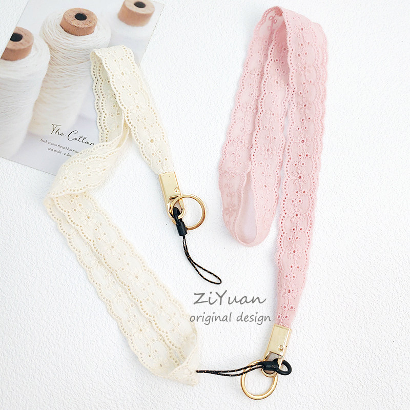 纯色可拆卸镂空花纹棉麻布挂脖子绳手机贴夹垫片透气手腕短挂绳女