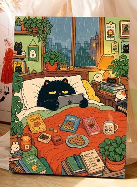 数字油画diy黑猫的四季儿童成人丙烯手工填色治愈可爱卡通装饰画