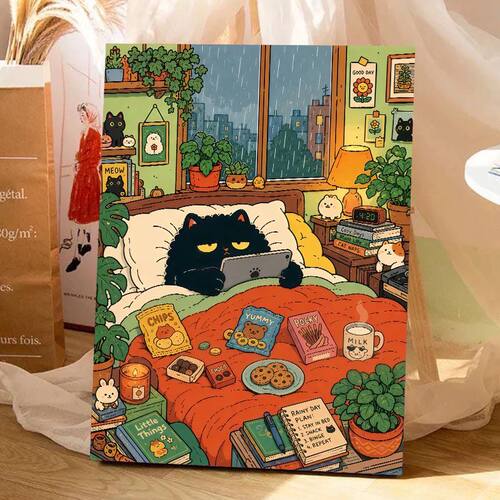 数字油画diy黑猫的四季儿童成人丙烯手工填色治愈可爱卡通装饰画