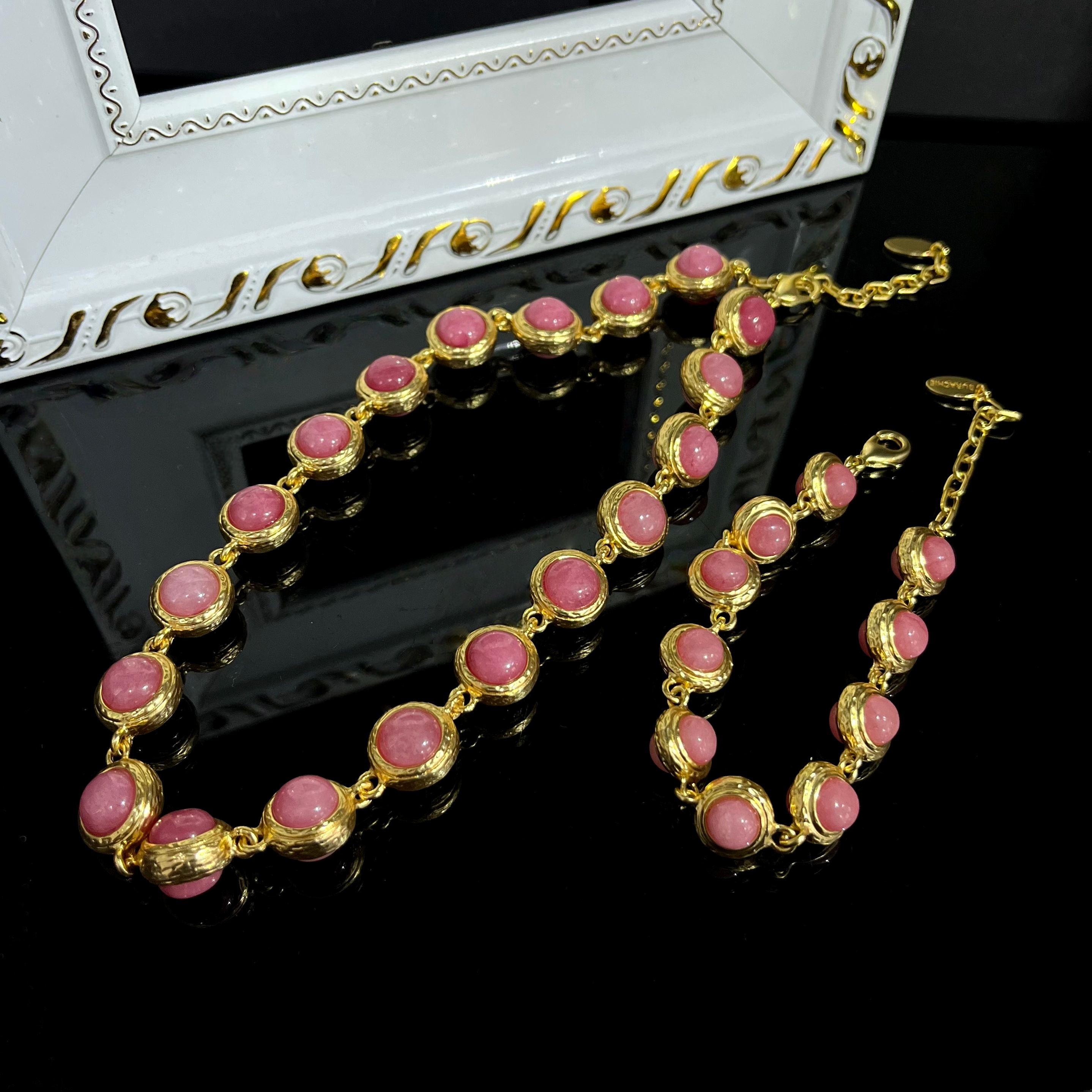优雅甜美双面粉色石头镶嵌手链项链镀真金精致套装