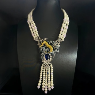 vintage中古优雅串珠流苏项链彩钻镶嵌海马造型三层珍珠颈链