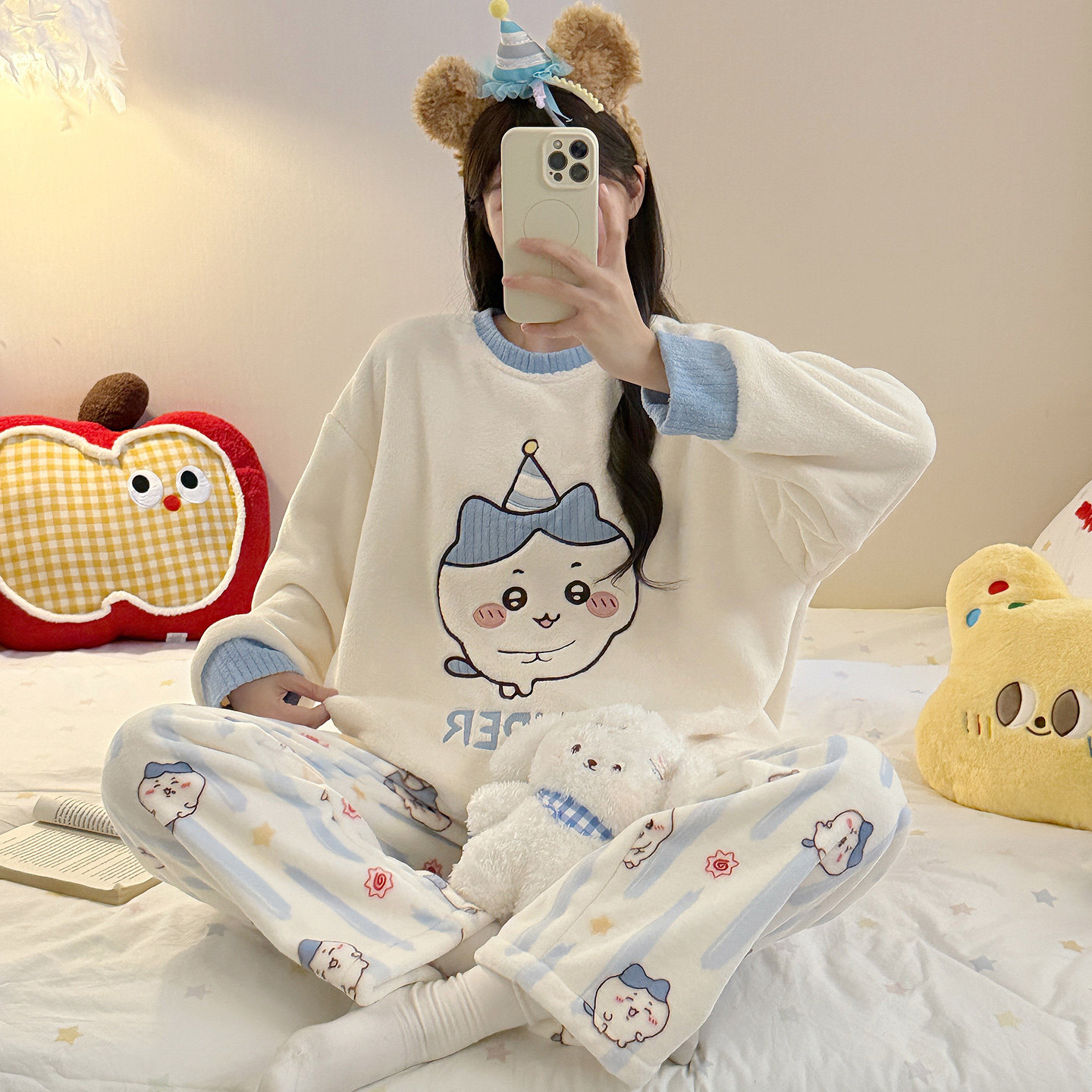 休闲保暖法兰绒睡衣女趣味风卡通