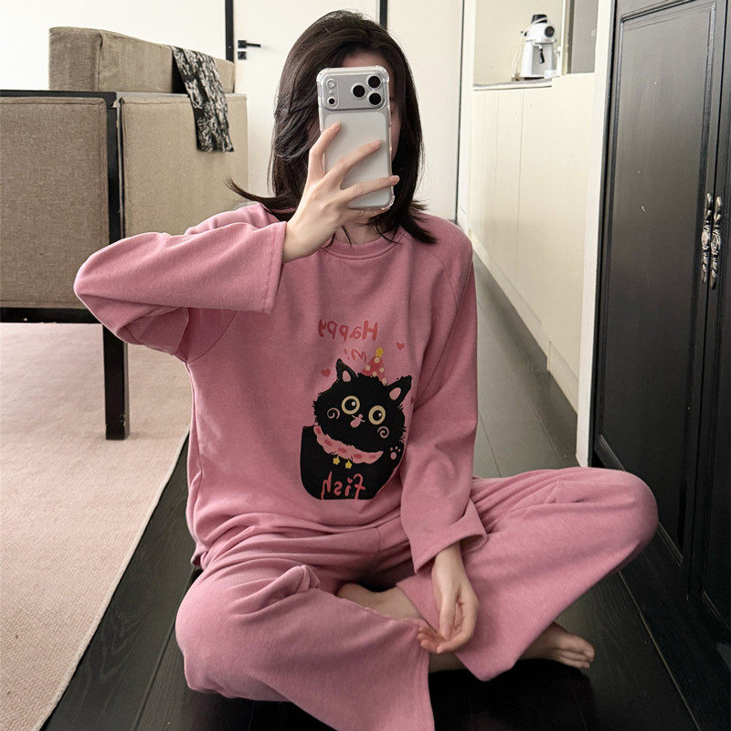 秋冬新款休闲保暖羊绒带胸垫睡衣女网红ins风卡通可爱家居服套装