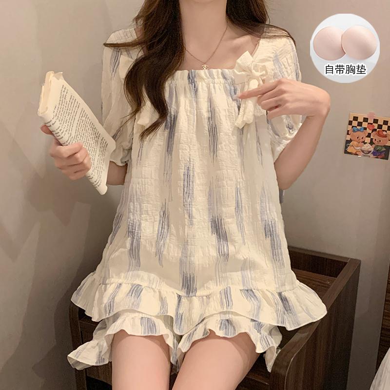 公主风甜美云朵棉睡衣女夏季短袖短裤可爱带胸垫少女家居服两件套