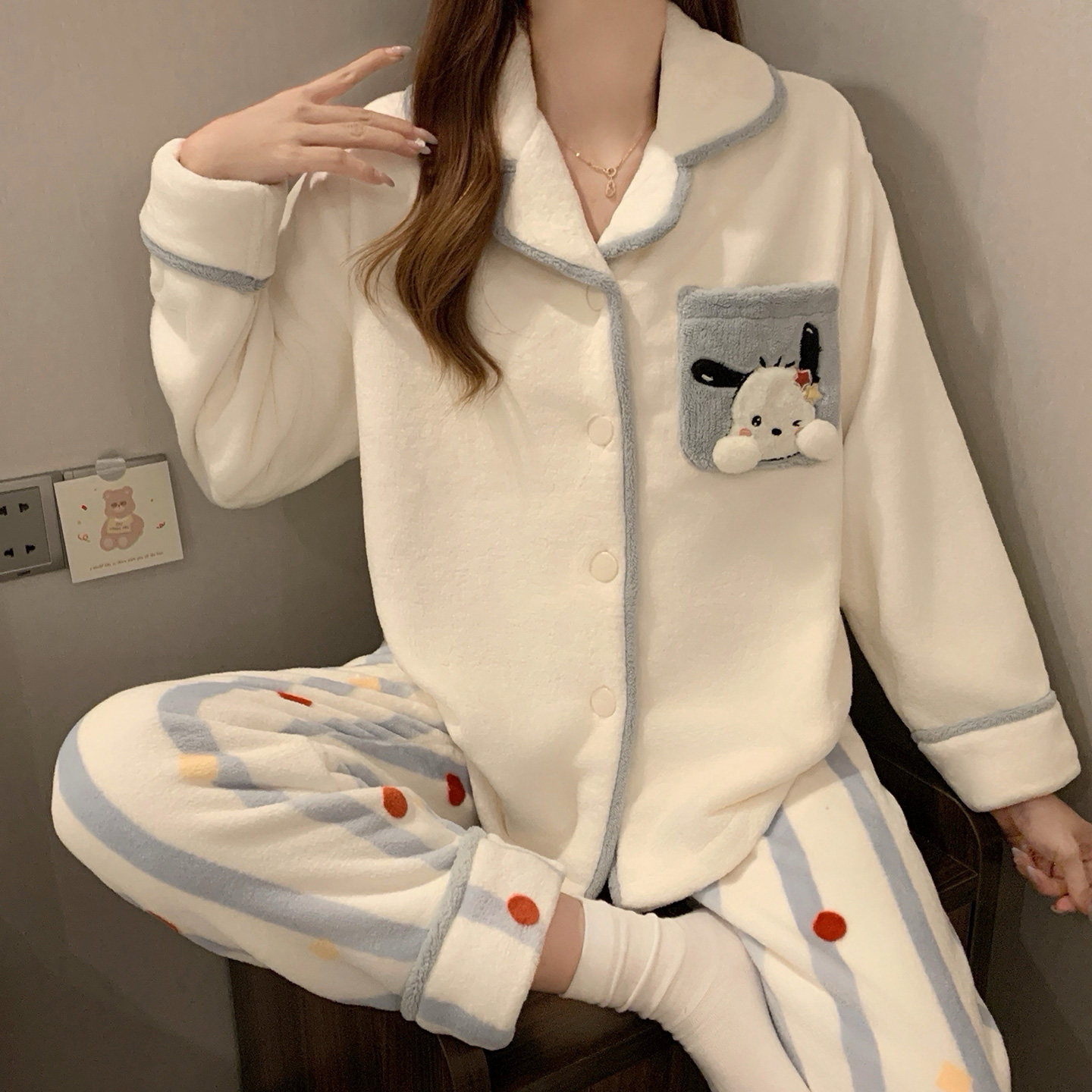 韩系ins风卡通可爱睡衣女秋冬新款休闲保暖开衫法兰绒家居服套装