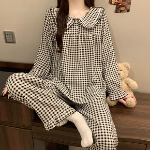 甜美减龄格子家居服套装 2025新款 娃娃领睡衣女款 春秋季 云朵棉长袖