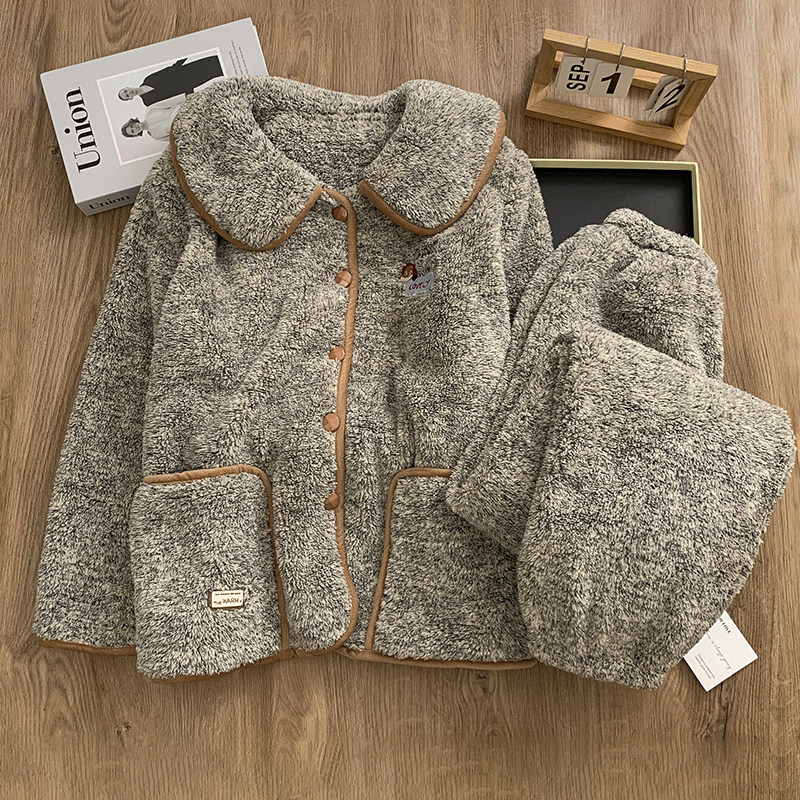 可爱卡通睡衣女2025冬季新款加绒加厚长毛绒简约风开衫家居服套装,女士内衣/男士内衣/家居服,睡衣/家居服套装,淘宝优惠券,粉丝福利购,淘宝优惠卷