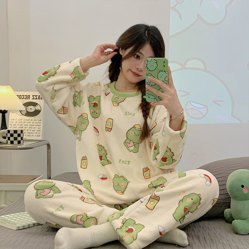 加绒保暖睡衣女法兰绒长袖家居服