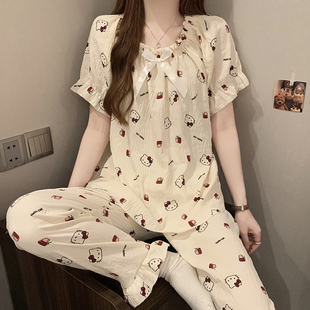网红风卡通可爱花边家居服套装 夏季 睡衣女2025新款 云朵棉短袖 长裤