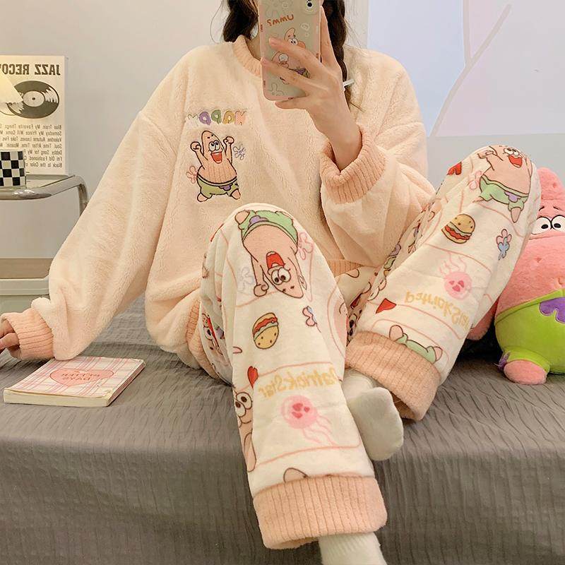 网红风卡通睡衣女秋冬季法兰绒2024新款加厚珊瑚绒学生家居服套装,女士内衣/男士内衣/家居服,睡衣/家居服套装,淘宝优惠券,粉丝福利购,淘宝优惠卷