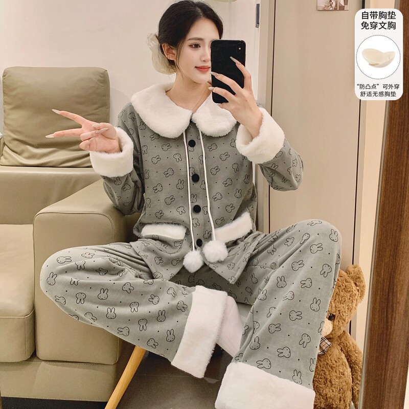 韩系可爱甜美娃娃领睡衣女冬季新款羊绒毛领开衫带胸垫家居服套装