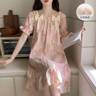 带胸垫连衣裙薄款 新款 云朵棉短袖 法式 家居服 温柔甜美风睡裙女夏季