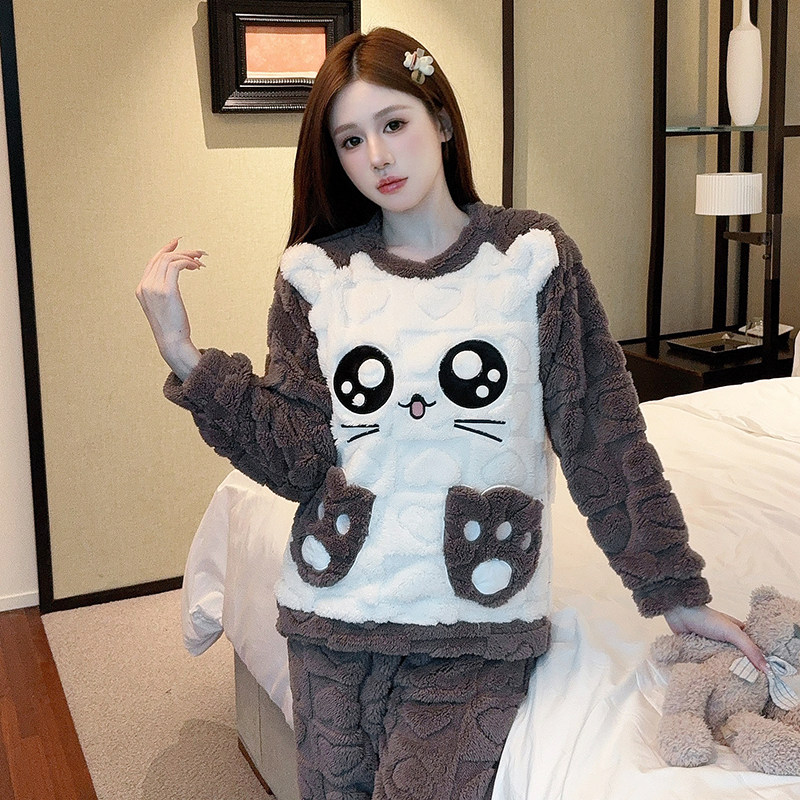 日系卡通加厚法兰绒睡衣女士秋冬季学生休闲宿舍保暖珊瑚绒家居服