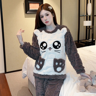 日系卡通加厚法兰绒睡衣女士秋冬季 学生休闲宿舍保暖珊瑚绒家居服