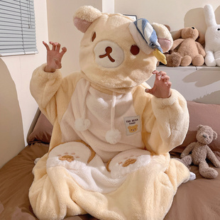 秋冬季长毛绒连体大码睡衣女新款搞怪卡通可爱学生连帽家居服套装