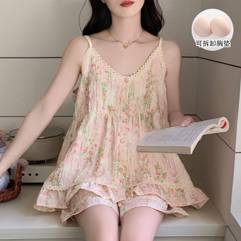 夏季云朵棉带胸垫吊带短裤睡衣女法式性感甜美软妹宽松家居服套装