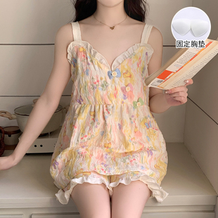 家居服套装 云朵棉甜美花边V领吊带短裤 薄款 带胸垫睡衣女2026夏季