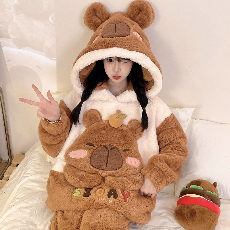 网红卡通可爱连帽法兰绒睡衣女