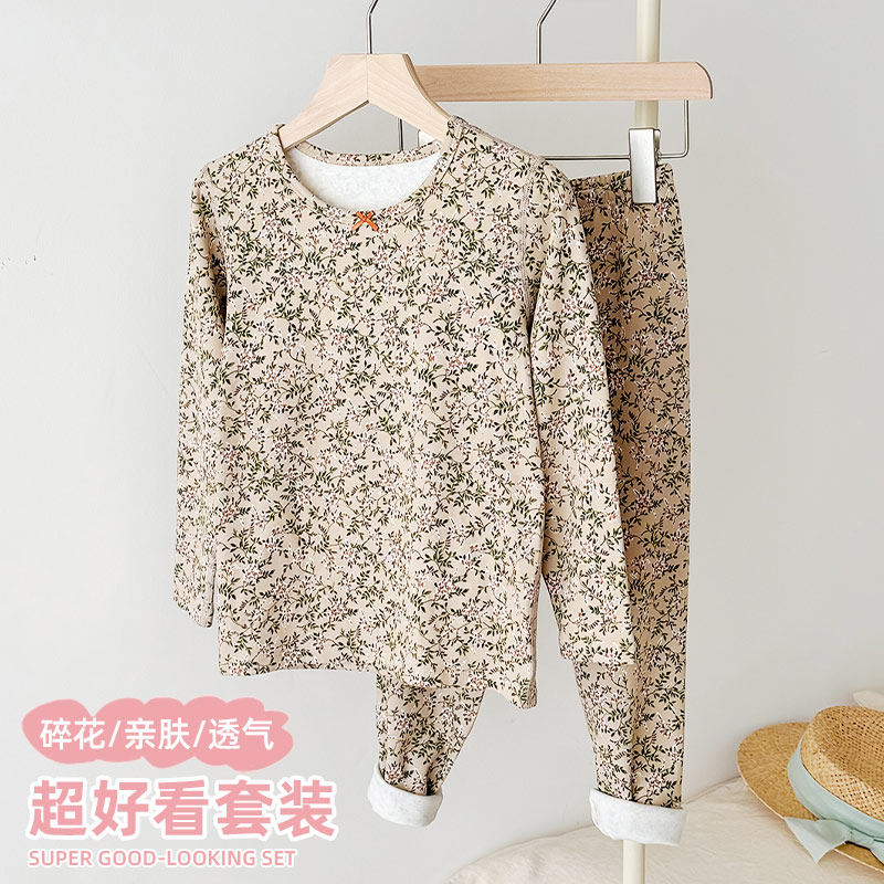 粒粒仔2025秋冬新款230g女童内衣套装柔软纯棉领内衣套装