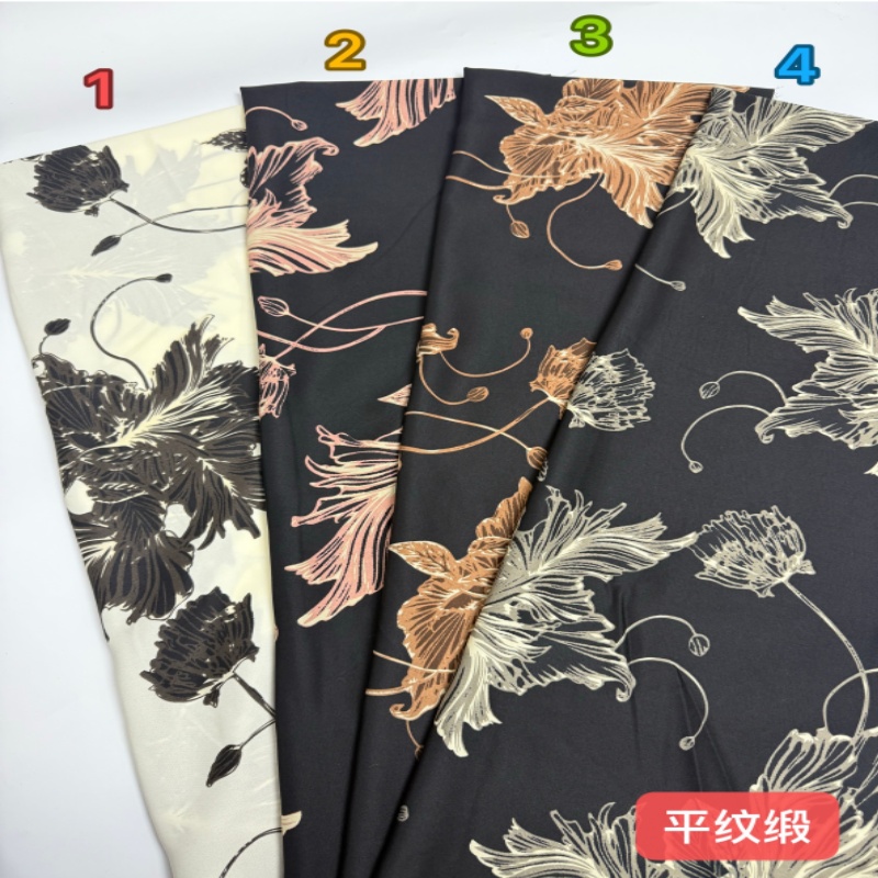 全涤平纹缎印花布料新款消光破卡女装连衣裙衬衫半身裙大花型布料