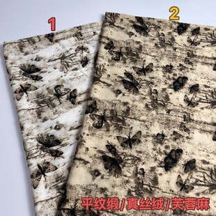 平纹缎芙蓉麻真丝绒灰蝴蝶印花布料复古色花春夏季款式衬衫连衣裙