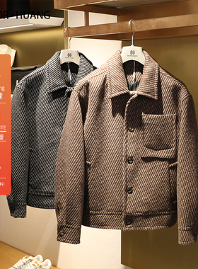 2024秋冬季新款男户外休闲斜纹复古风羊毛混纺短款单面呢大衣9668