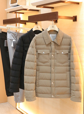 意式奢华2025秋冬男轻便型衬衫式翻领90白鹅绒羽绒服夹克外套1705