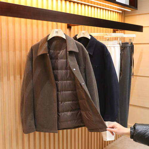 2025秋冬季新款男轻薄商务休闲90白鸭绒灯芯绒羽绒服夹克外套1746