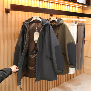 户外保暖撞色连帽中长款 男士 90白鹅绒羽绒服外套1636 新款 2025冬季