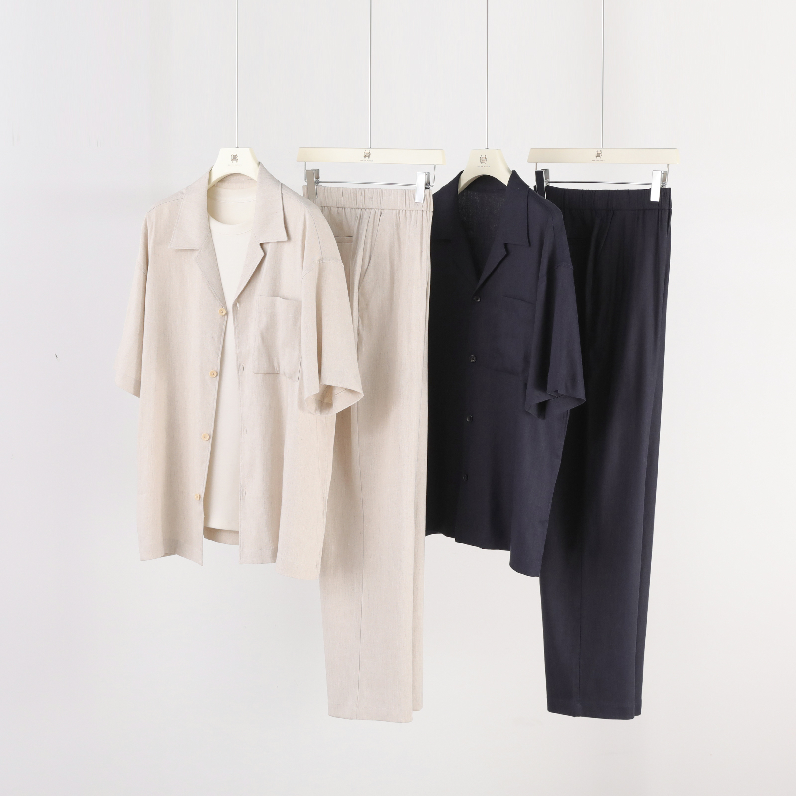 2025夏季新款男士高级感老钱风亚麻短袖衬衫套装慵懒风两件套1047