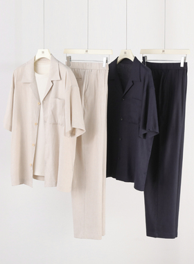 2025夏季新款男士高级感老钱风亚麻短袖衬衫套装慵懒风两件套1047