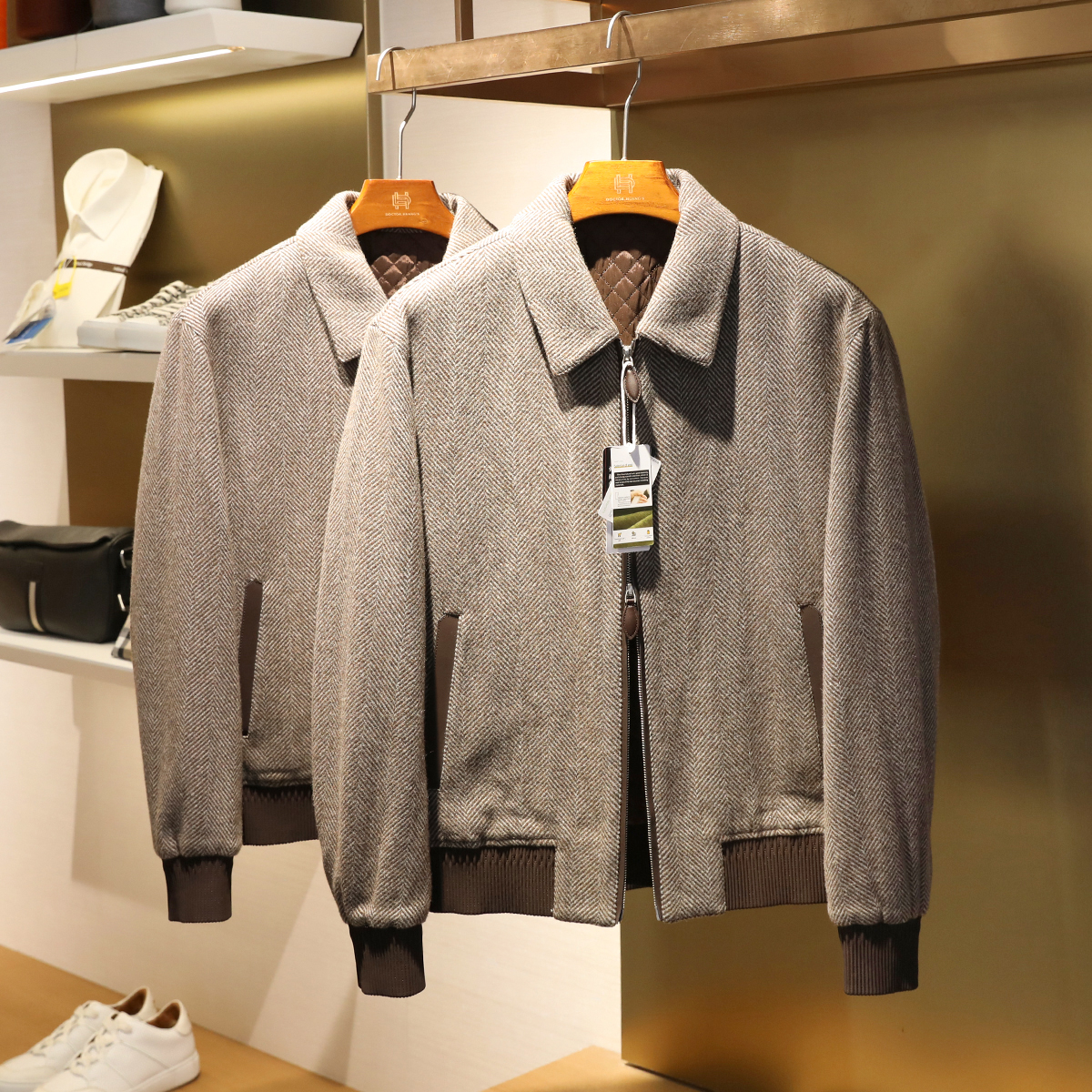法式轻奢2024冬季新款男士商务休闲人字纹羊毛哈灵顿棉服外套9576