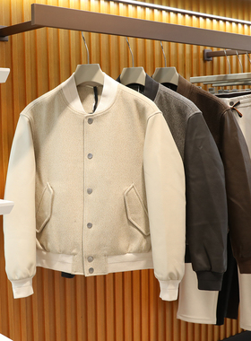 2025春秋季新款男士拼接皮袖棒球领羊毛飞行员夹克棉服外套9457