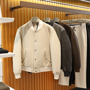 2025春秋季新款男士拼接皮袖棒球领羊毛飞行员夹克棉服外套9457