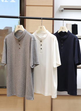 意式奢华老钱风2026夏季新款天丝羊毛混纺凉感亨利领短袖T恤2164