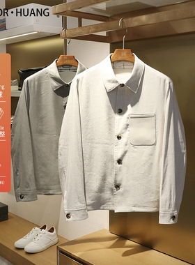 意奢老钱风2024春秋季新款高端男休闲衬衫式翻领亚麻夹克外套9372