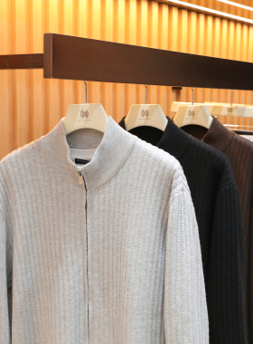 2025秋季新款男士高端含羊毛桑蚕丝混纺提花立领针织开衫外套1356