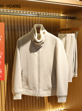 意式奢华秋冬季新款男老钱风羊毛混纺立领拼接羊羔毛加棉外套9646