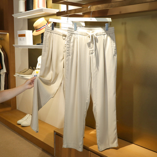 意式奢华2025夏季新款男士人字纹天丝亚麻混纺宽松直筒长裤子1130