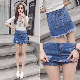毛边假两件夏季女破洞牛仔高腰防走光短裤裙裙裤热裤新款春秋2023