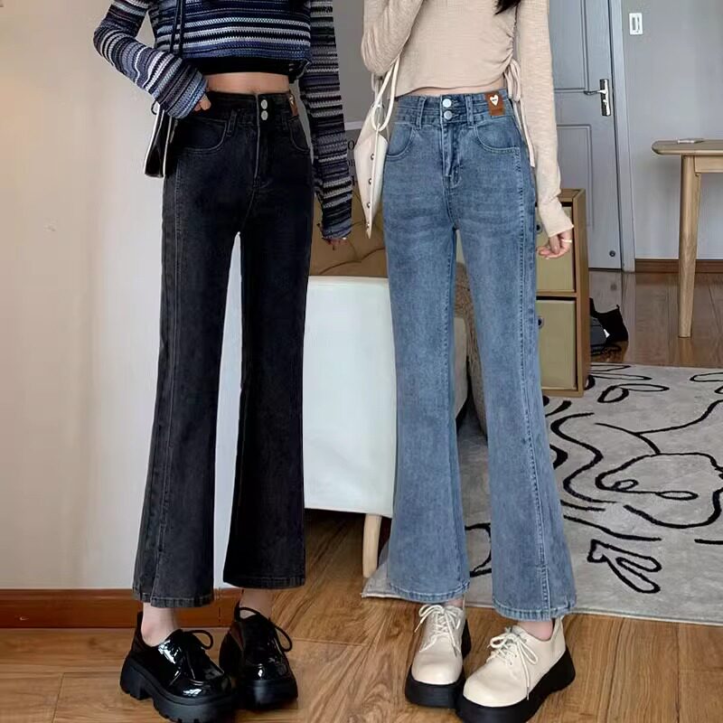 微喇牛仔裤女小个子春夏装开叉阔腿九分裤2025新款高腰黑色喇叭裤