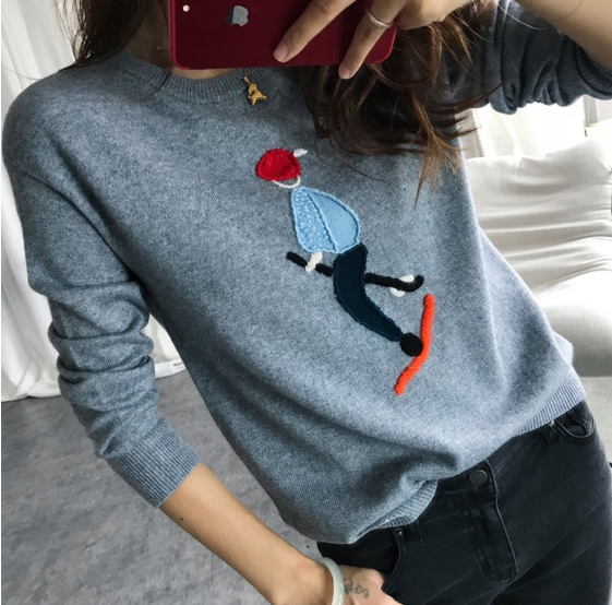 柔软舒适 童趣激萌滑雪手工立体刺绣小人羊绒羊毛针织衫长袖毛衣在类目 女装/女士精品, 毛衣中 - 来自Buy2taobao.com提供专业的淘宝代购服务