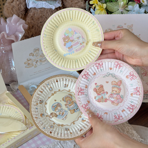 抱抱酱原创版权可爱插画印花纸盘蝴蝶结刀叉带火柴蜡烛蛋糕餐具